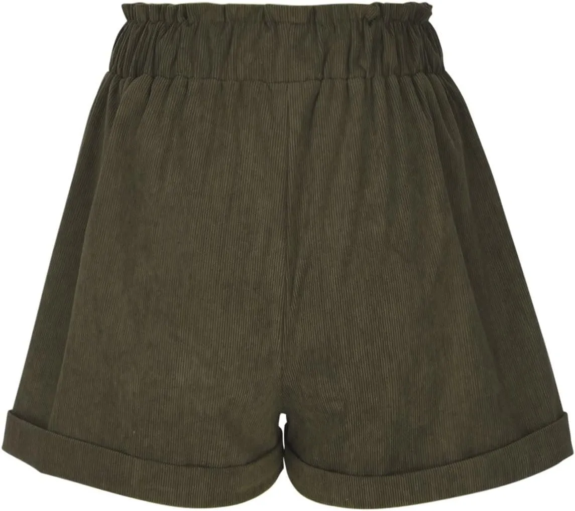 LFEOOST Women's Mushroom Embroidery Corduroy Shorts Fashion Paperbag Waist Elastic Waist Summer Loose Wide Leg Casual Shorts