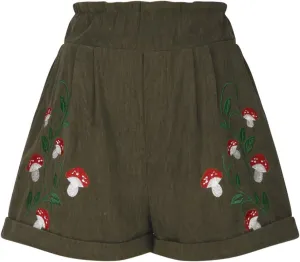 LFEOOST Women's Mushroom Embroidery Corduroy Shorts Fashion Paperbag Waist Elastic Waist Summer Loose Wide Leg Casual Shorts