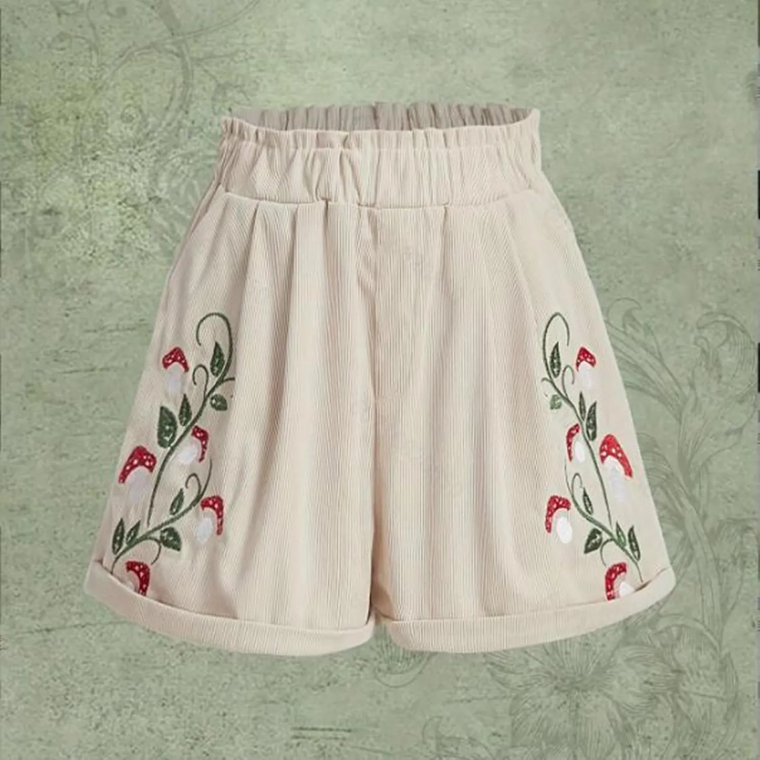 LFEOOST Women's Mushroom Embroidery Corduroy Shorts Fashion Paperbag Waist Elastic Waist Summer Loose Wide Leg Casual Shorts