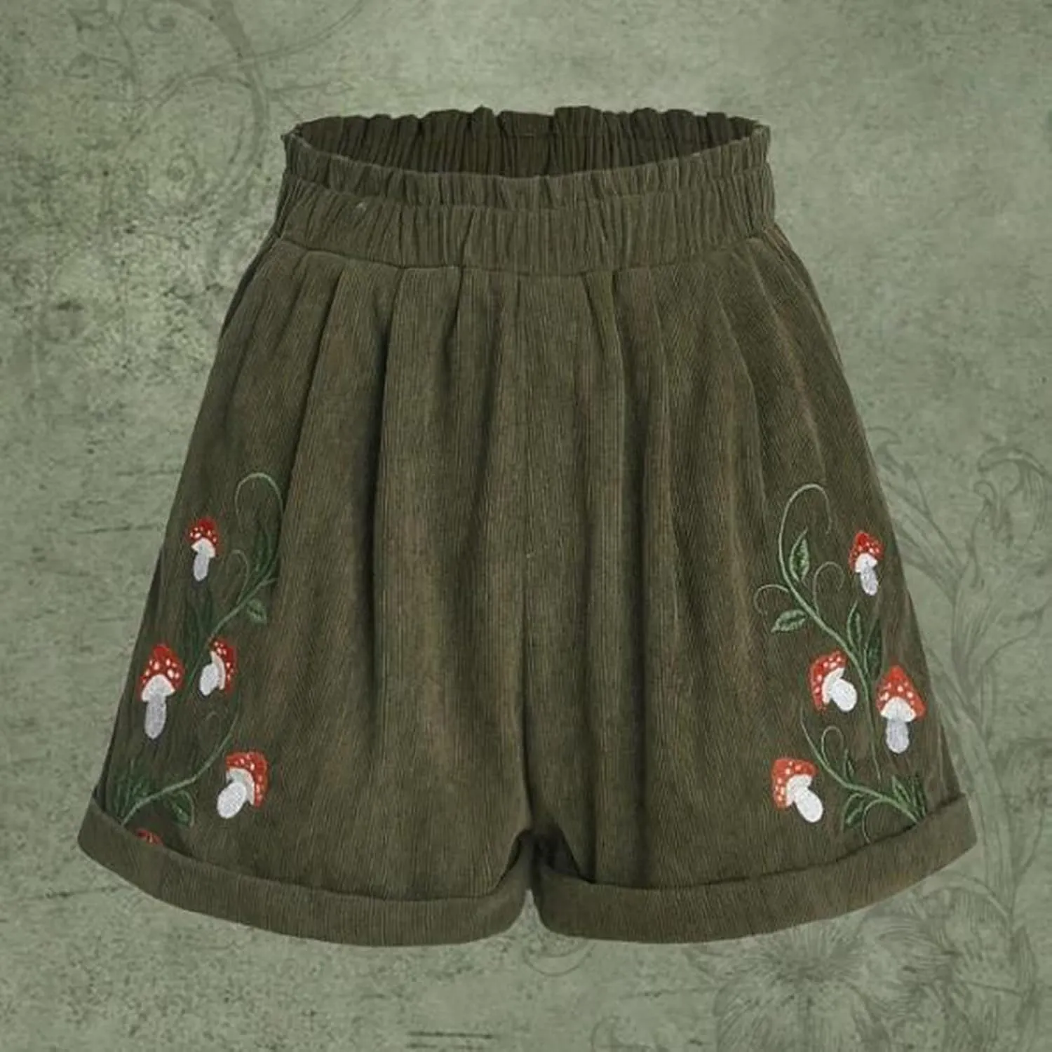 LFEOOST Women's Mushroom Embroidery Corduroy Shorts Fashion Paperbag Waist Elastic Waist Summer Loose Wide Leg Casual Shorts