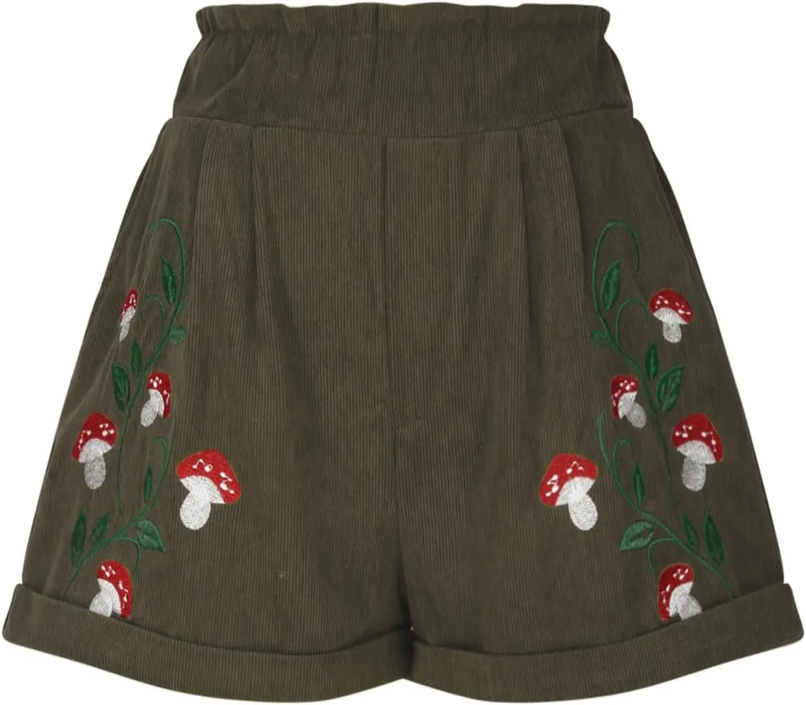 LFEOOST Women's Mushroom Embroidery Corduroy Shorts Fashion Paperbag Waist Elastic Waist Summer Loose Wide Leg Casual Shorts