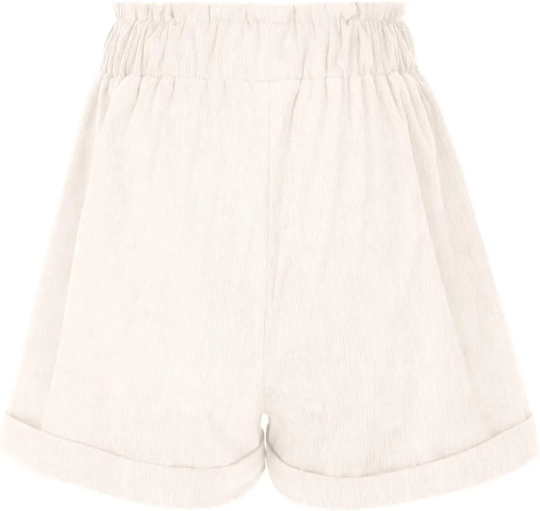 LFEOOST Women's Mushroom Embroidery Corduroy Shorts Fashion Paperbag Waist Elastic Waist Summer Loose Wide Leg Casual Shorts