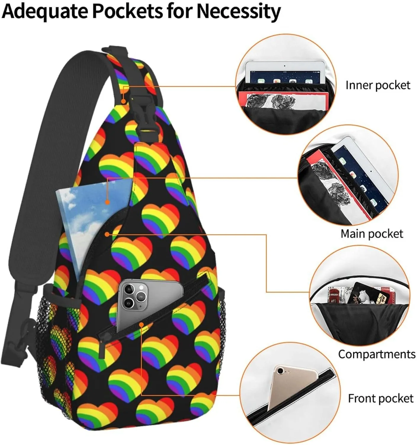Lgbt Rainbow Hearts Crossbody Sling Bag Adjustable Lgbt Chest Bag For Men Women Rainbow Pride Shoulder Bag Sling Backpack Daypack