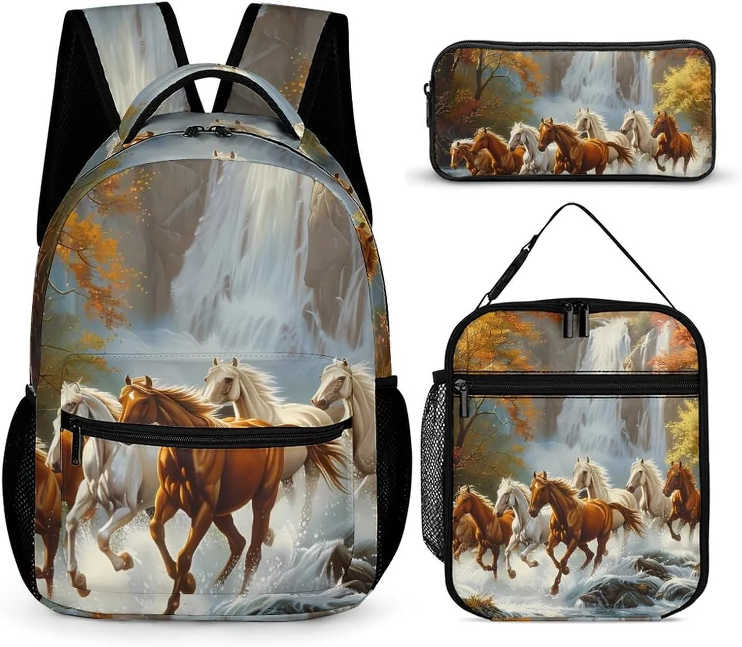 Life Mountain Stream Running Horse Wild Printed Backpack Set Travel Laptop Backpack with Lunch Bag And Pencil Bag