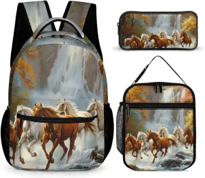Life Mountain Stream Running Horse Wild Printed Backpack Set Travel Laptop Backpack with Lunch Bag And Pencil Bag