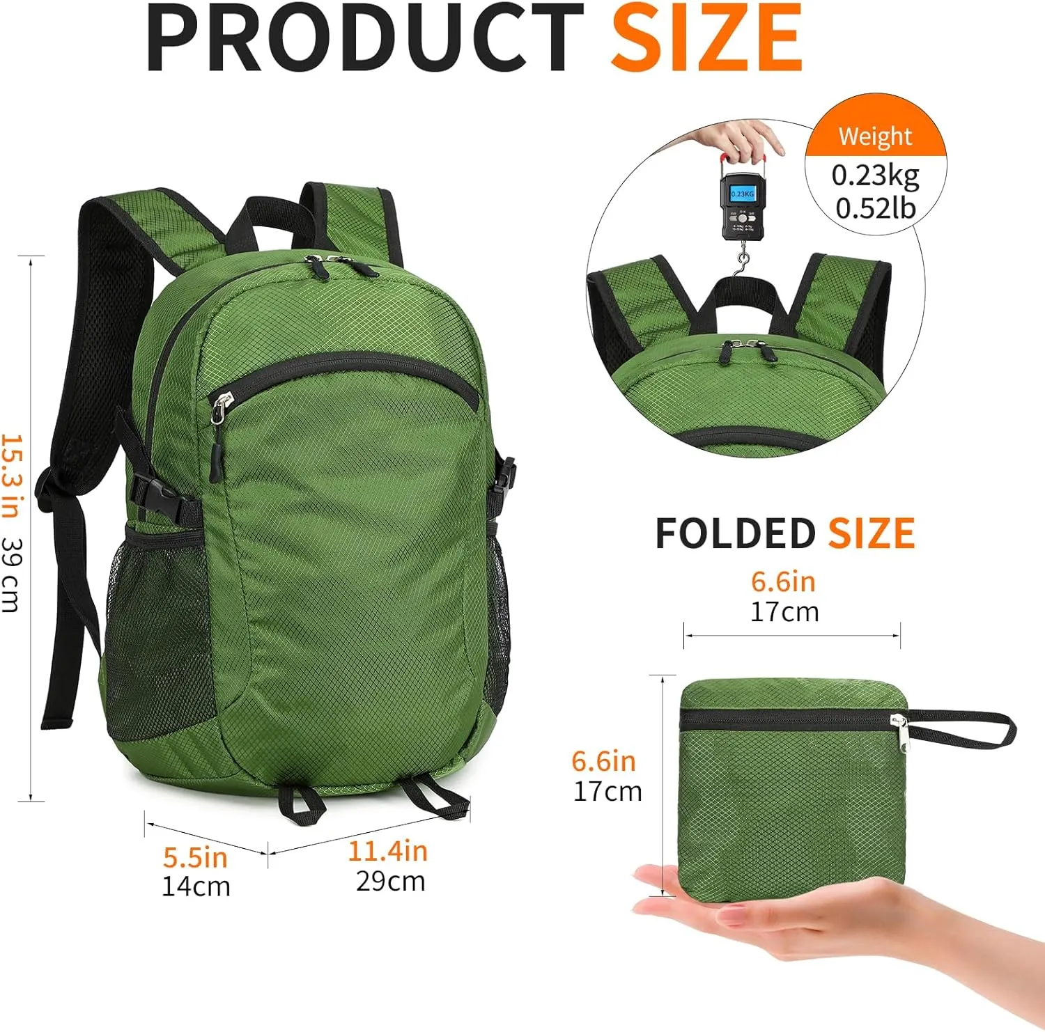 Lightweight Hiking Backpack Small,Waterproof Hiking Daypack,Foldable Backpack for Travel,Ultralight Daypack (Green, Small)