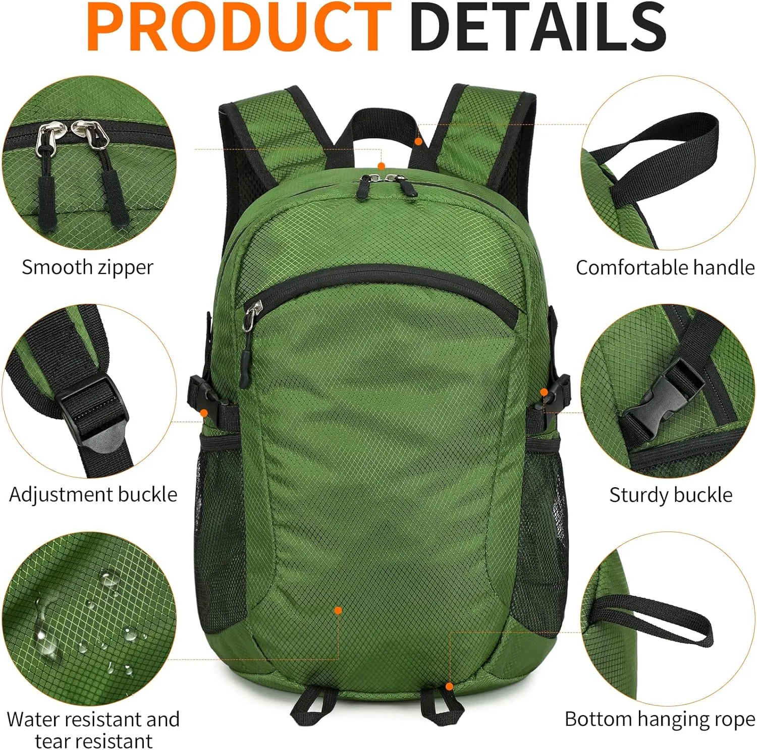 Lightweight Hiking Backpack Small,Waterproof Hiking Daypack,Foldable Backpack for Travel,Ultralight Daypack (Green, Small)