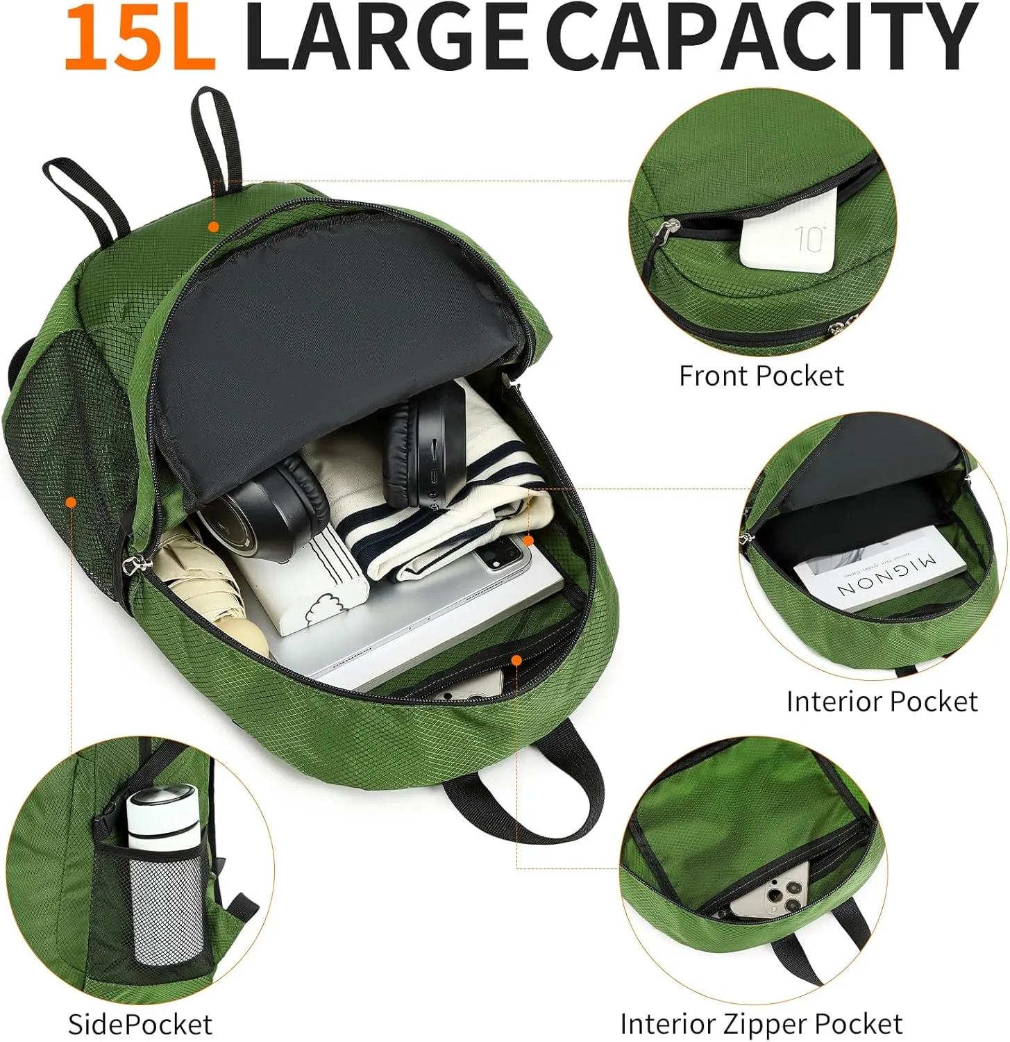 Lightweight Hiking Backpack Small,Waterproof Hiking Daypack,Foldable Backpack for Travel,Ultralight Daypack (Green, Small)