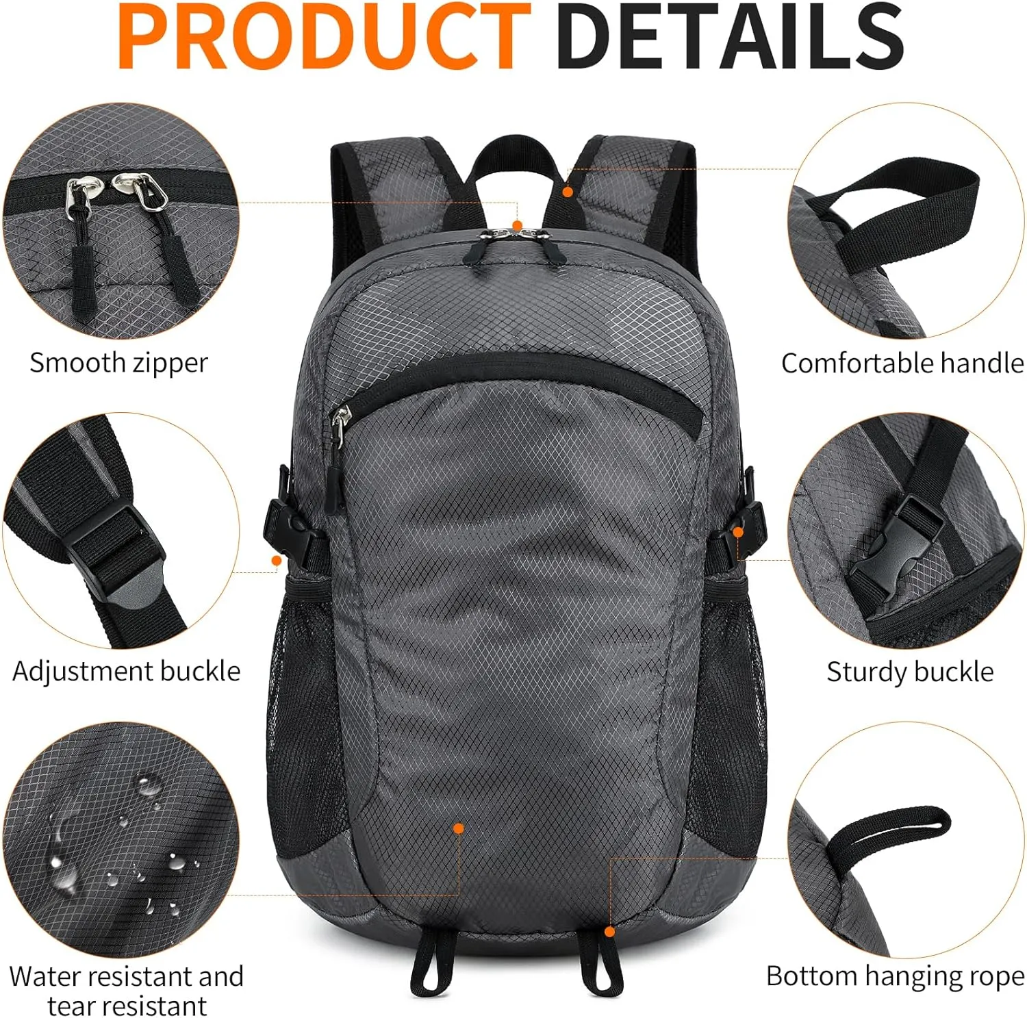 Lightweight Hiking Backpack Small,Waterproof Hiking Daypack,Foldable Backpack for Travel,Ultralight Daypack (Grey, Small)