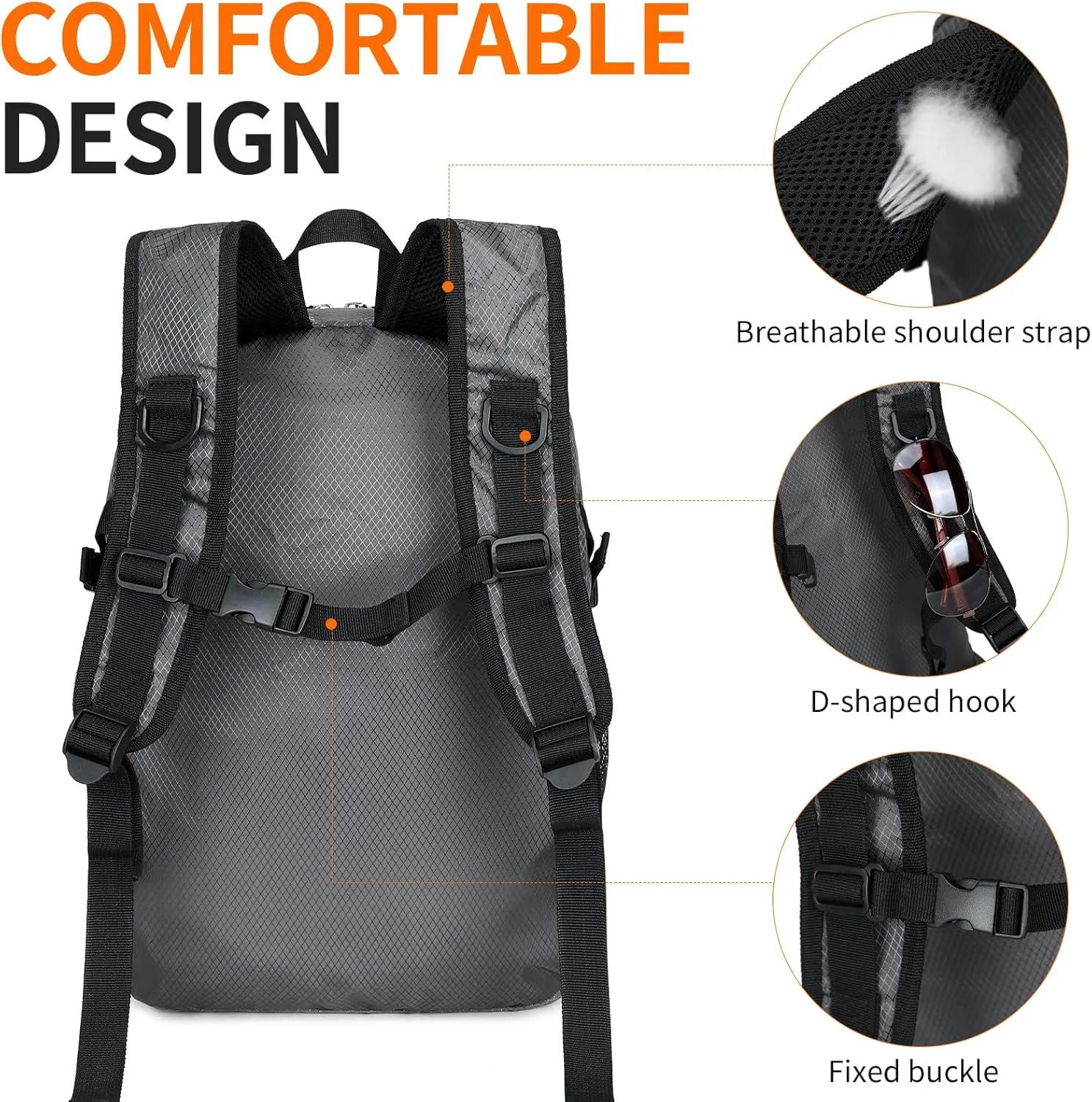 Lightweight Hiking Backpack Small,Waterproof Hiking Daypack,Foldable Backpack for Travel,Ultralight Daypack (Grey, Small)