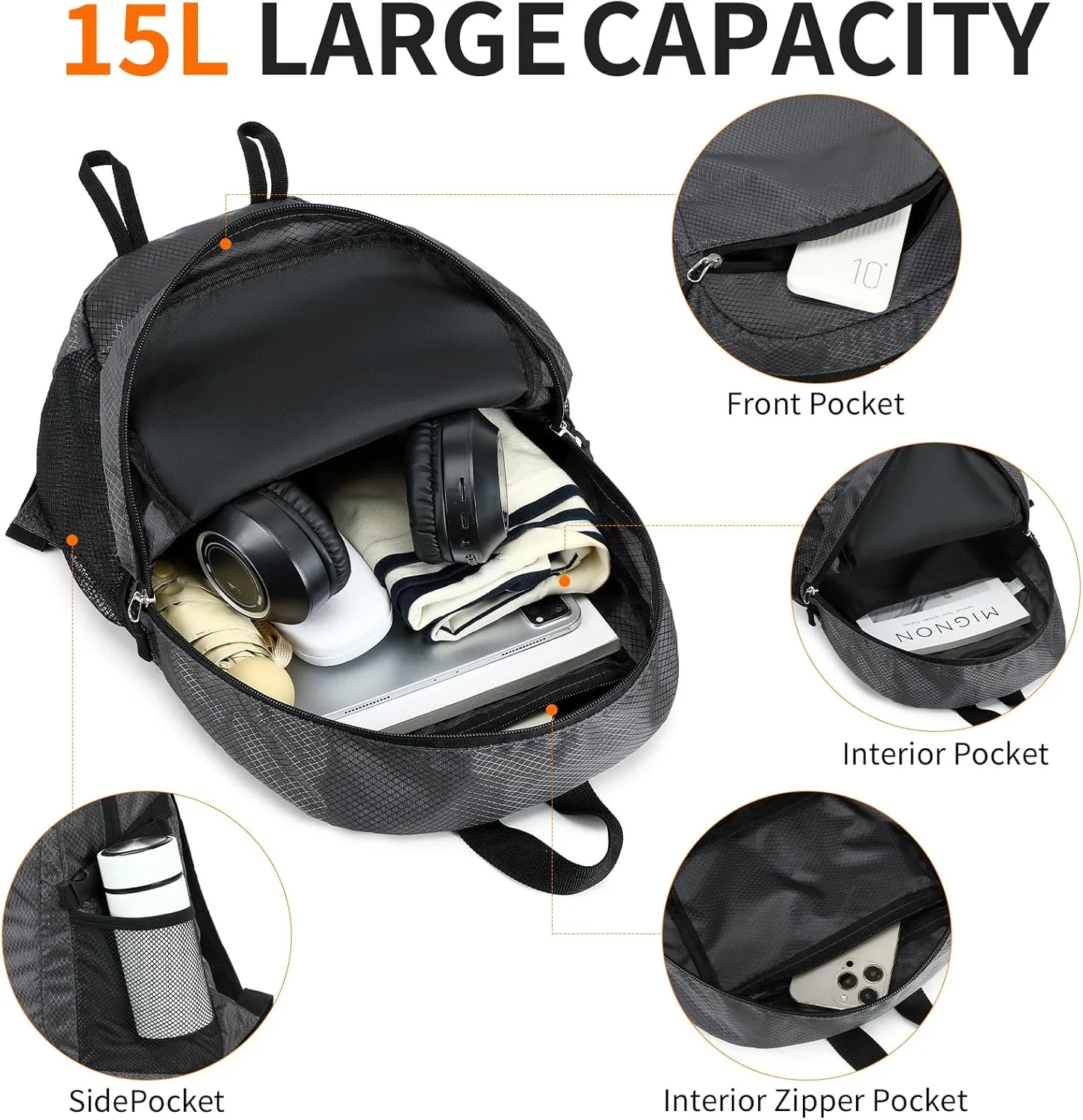 Lightweight Hiking Backpack Small,Waterproof Hiking Daypack,Foldable Backpack for Travel,Ultralight Daypack (Grey, Small)