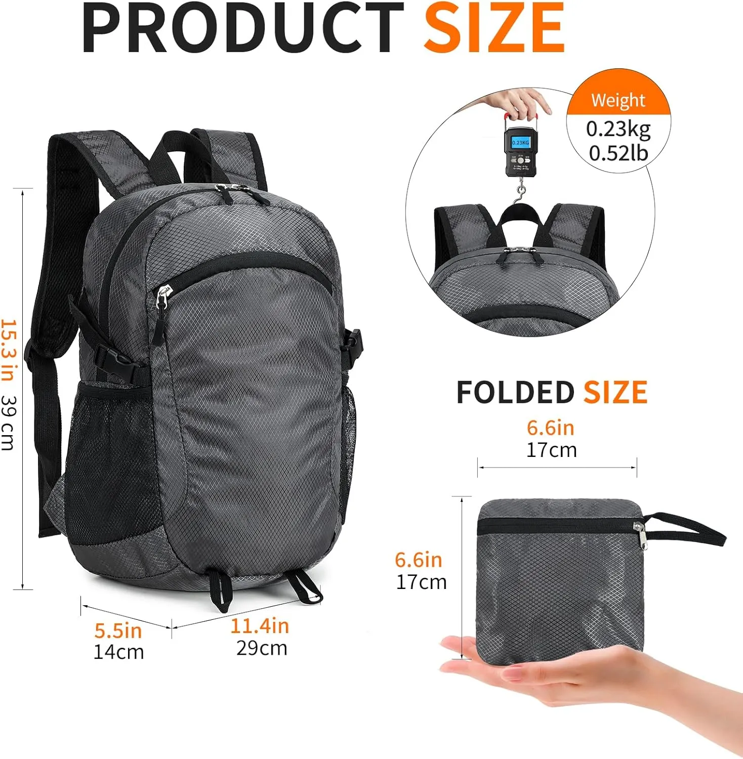Lightweight Hiking Backpack Small,Waterproof Hiking Daypack,Foldable Backpack for Travel,Ultralight Daypack (Grey, Small)