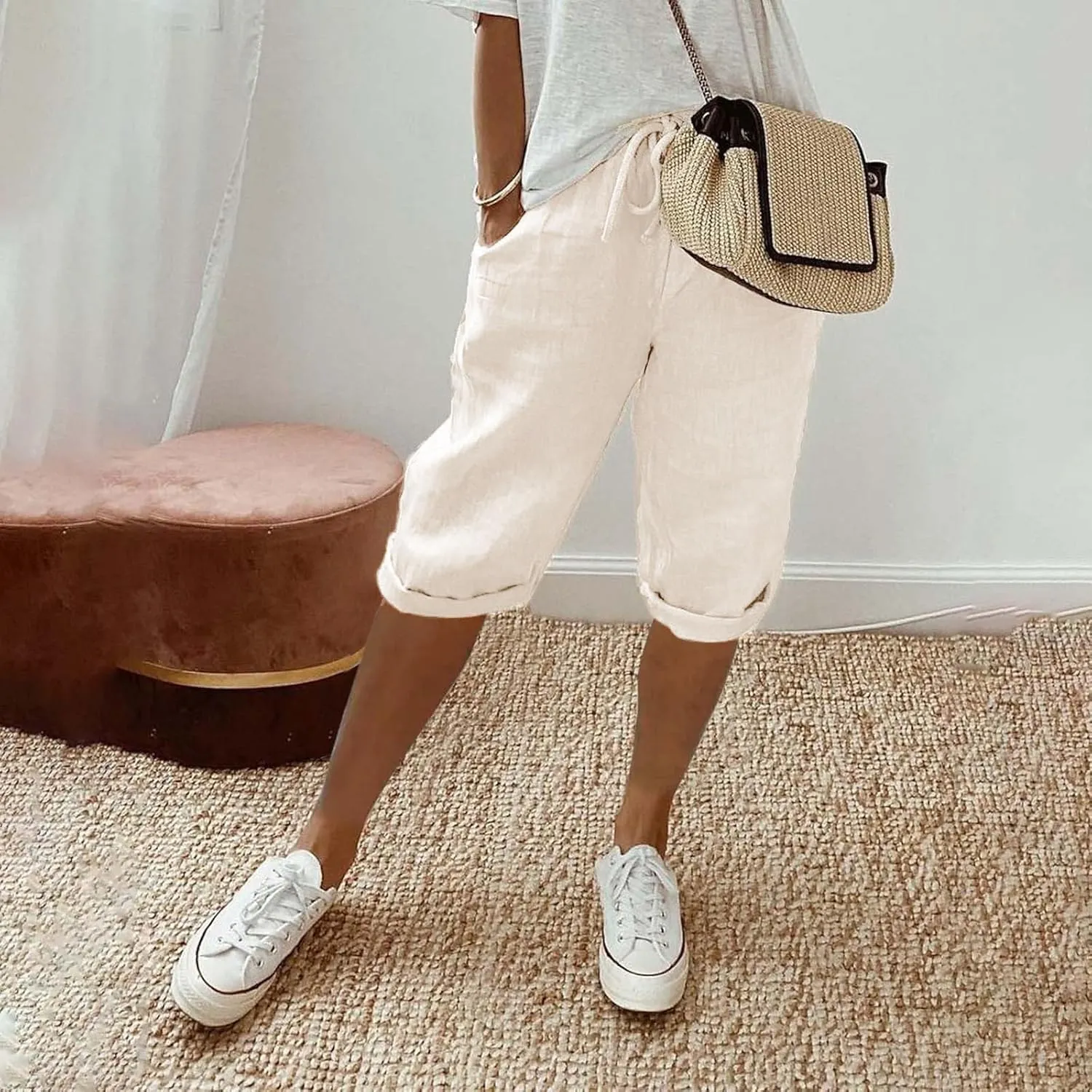 Linen Capri Pants for Women Elastic Waist Pants High Waist Drawstring Casual Pant Lightweight Loose Trousers with Pockets