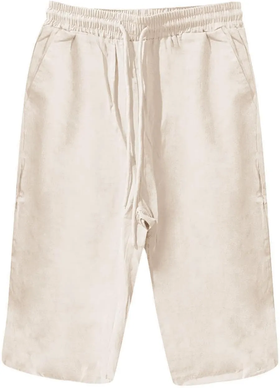 Linen Capri Pants for Women Elastic Waist Pants High Waist Drawstring Casual Pant Lightweight Loose Trousers with Pockets