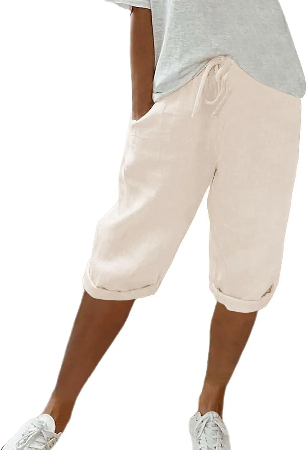 Linen Capri Pants for Women Elastic Waist Pants High Waist Drawstring Casual Pant Lightweight Loose Trousers with Pockets