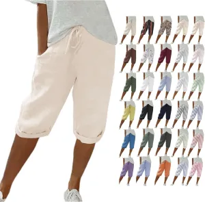 Linen Capri Pants for Women Elastic Waist Pants High Waist Drawstring Casual Pant Lightweight Loose Trousers with Pockets