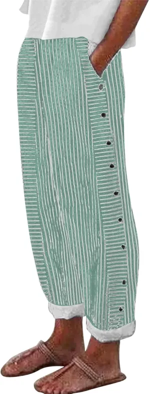 Linen Pants for Women Plus Size Striped Spring Summer Gauze Pants Casual Elastic Waist Comfy Cropped Trousers Trendy