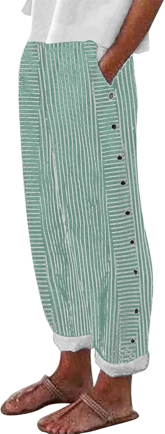 Linen Pants for Women Plus Size Striped Spring Summer Gauze Pants Casual Elastic Waist Comfy Cropped Trousers Trendy