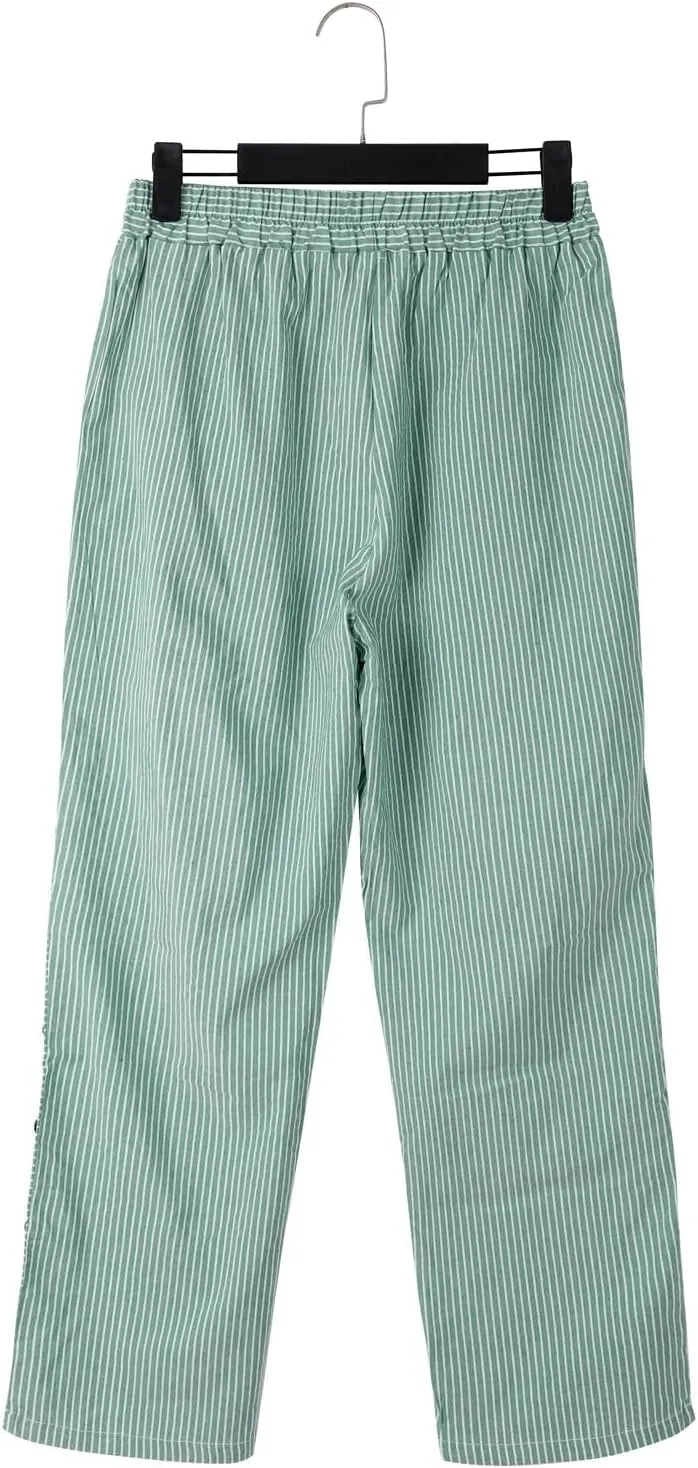 Linen Pants for Women Plus Size Striped Spring Summer Gauze Pants Casual Elastic Waist Comfy Cropped Trousers Trendy