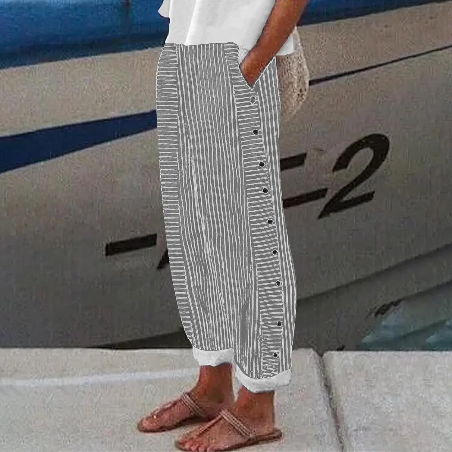 Linen Pants for Women Plus Size Striped Spring Summer Gauze Pants Casual Elastic Waist Comfy Cropped Trousers Trendy