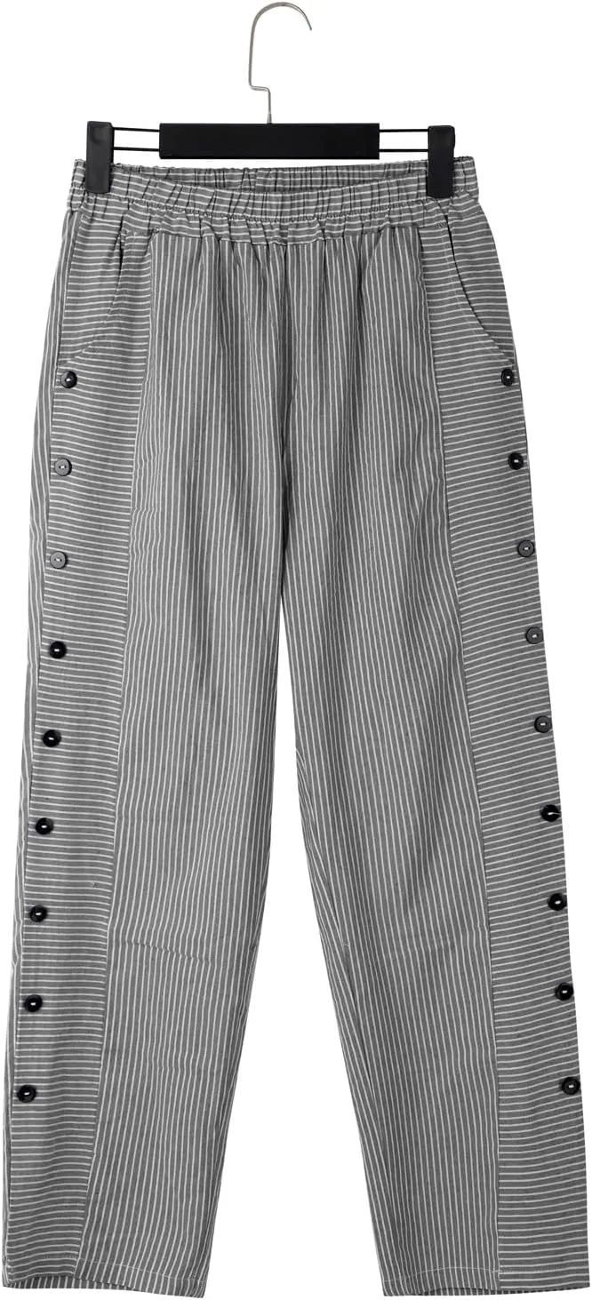 Linen Pants for Women Plus Size Striped Spring Summer Gauze Pants Casual Elastic Waist Comfy Cropped Trousers Trendy