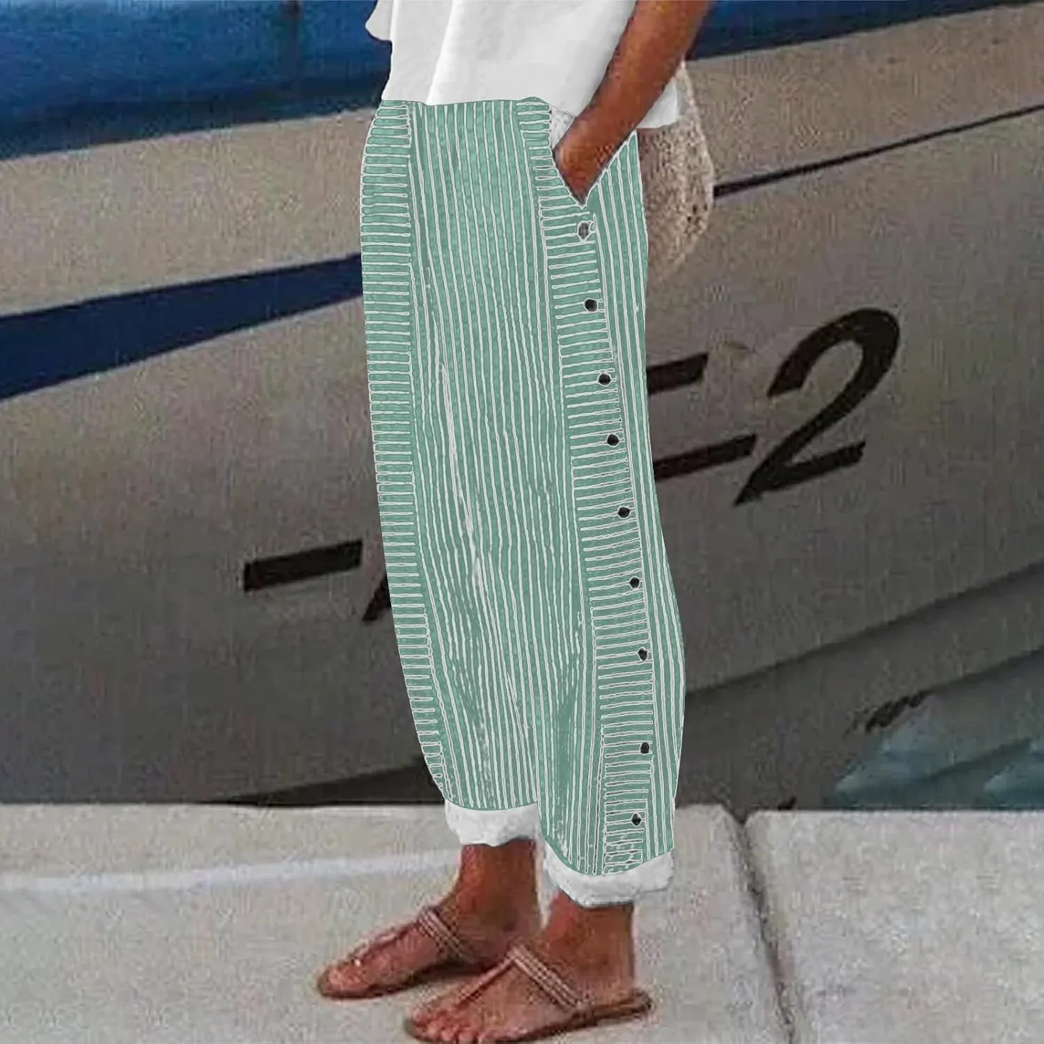 Linen Pants for Women Plus Size Striped Spring Summer Gauze Pants Casual Elastic Waist Comfy Cropped Trousers Trendy
