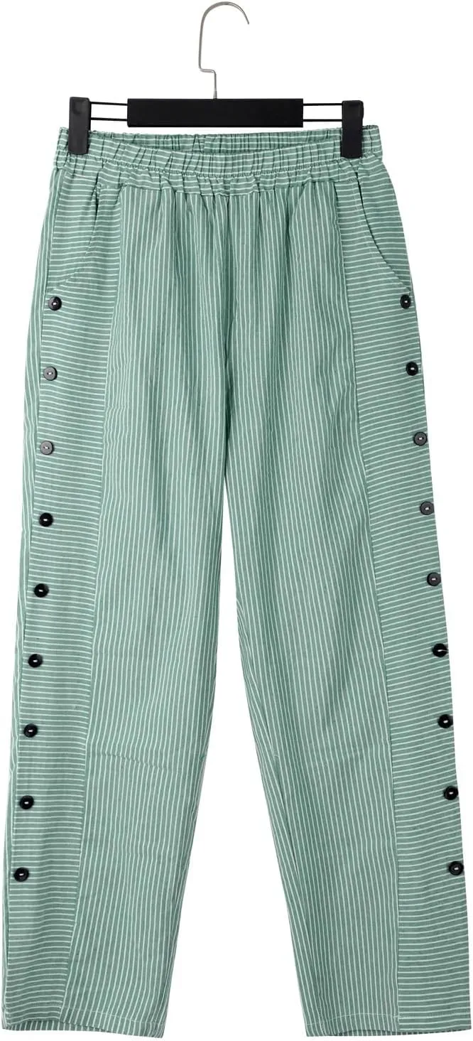 Linen Pants for Women Plus Size Striped Spring Summer Gauze Pants Casual Elastic Waist Comfy Cropped Trousers Trendy