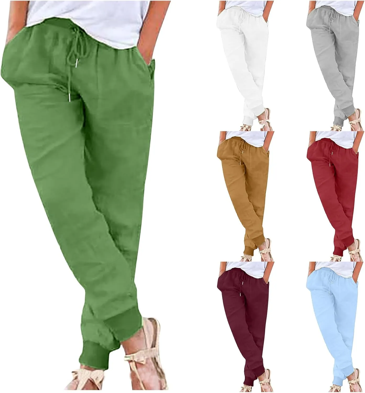 Linen Pants for Women Summer Casual Tapered Leg Pants Lightweight Drawstring Elastic Waist Pant Running Joggers Trousers