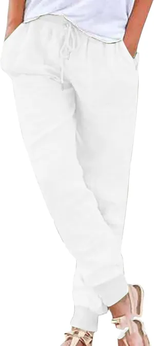 Linen Pants for Women Summer Casual Tapered Leg Pants Lightweight Drawstring Elastic Waist Pant Running Joggers Trousers