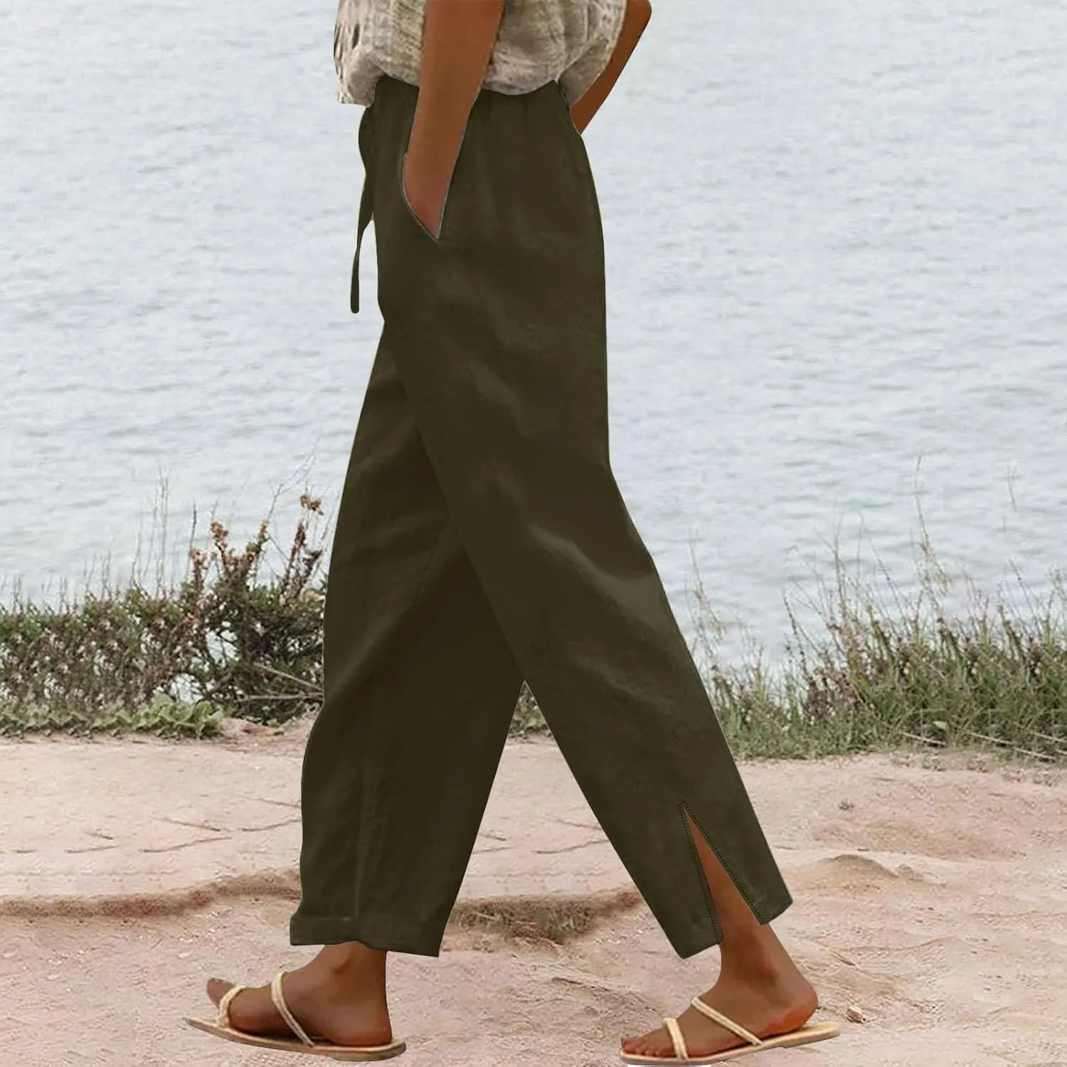 Linen Pants Women Summer High Waisted Elastic Slit Hem Straight Leg Lounge Pant Casual Loose Lightweight Beach Trousers