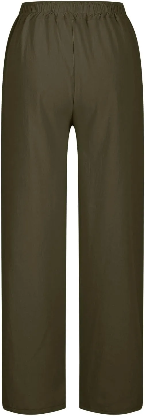 Linen Pants Women Summer High Waisted Elastic Slit Hem Straight Leg Lounge Pant Casual Loose Lightweight Beach Trousers