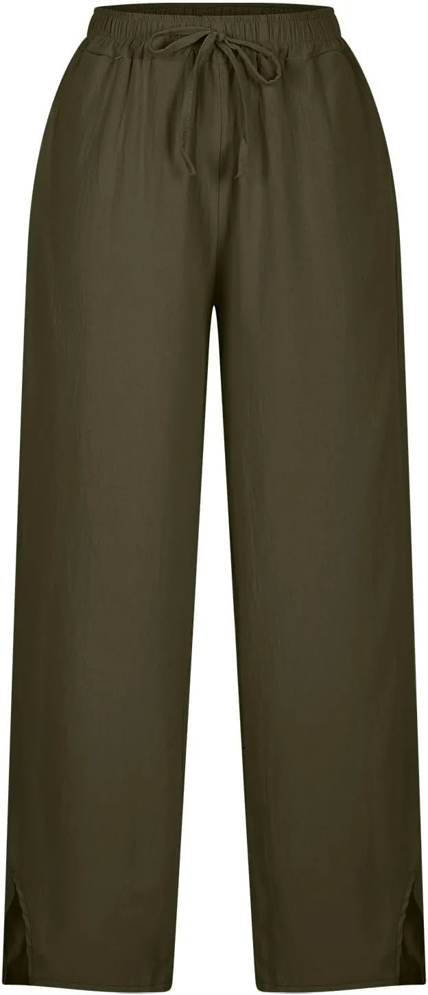 Linen Pants Women Summer High Waisted Elastic Slit Hem Straight Leg Lounge Pant Casual Loose Lightweight Beach Trousers