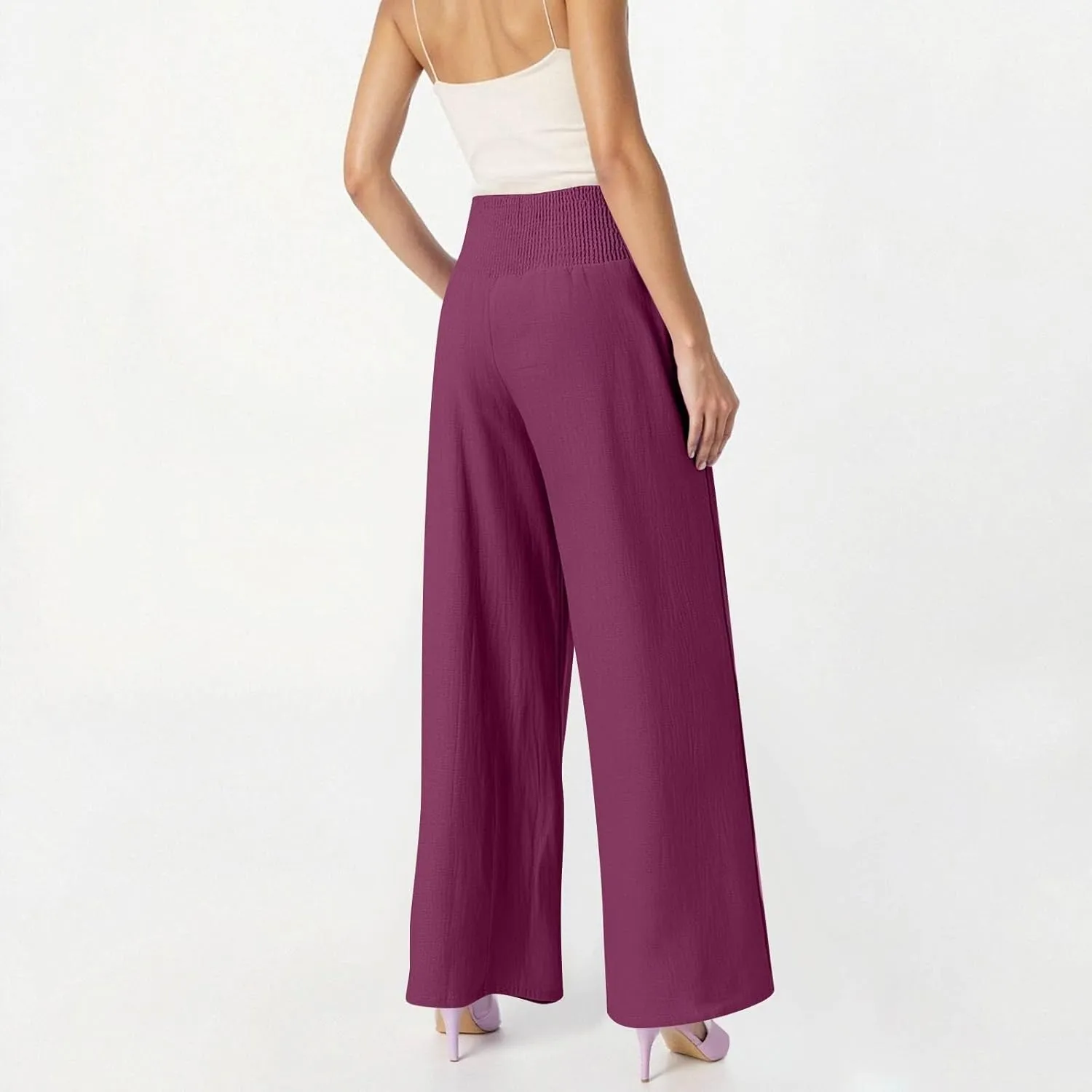 Linen Pants Women Summer High Waisted Palazzo Pants Pleated Lounge Pant Baggy Flowy Trousers with Pockets (S-XXL)