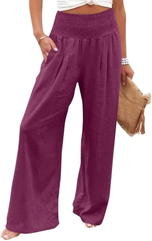 Linen Pants Women Summer High Waisted Palazzo Pants Pleated Lounge Pant Baggy Flowy Trousers with Pockets (S-XXL)
