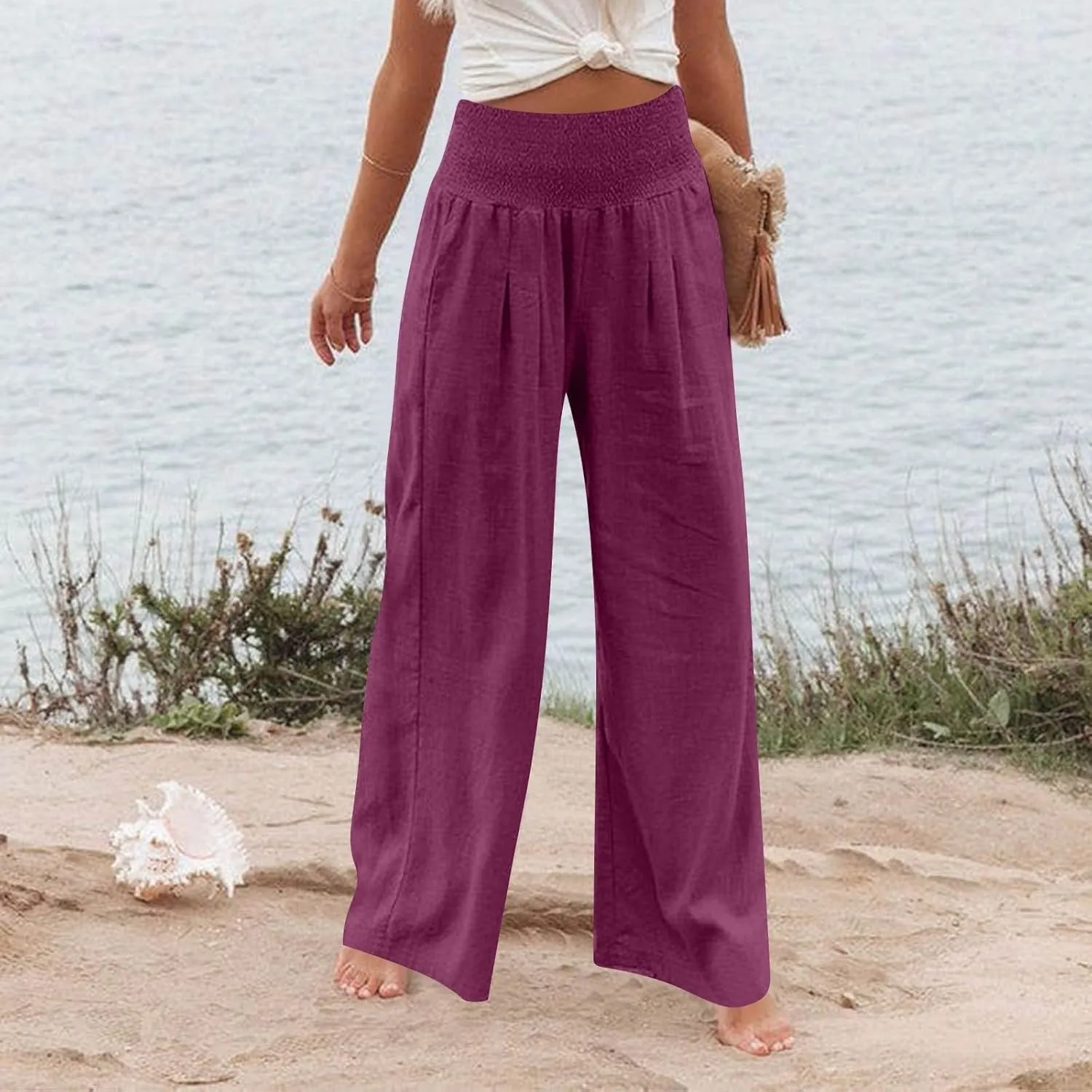 Linen Pants Women Summer High Waisted Palazzo Pants Pleated Lounge Pant Baggy Flowy Trousers with Pockets (S-XXL)