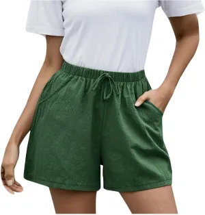 Linen Shorts for Women Dressy Elastic High Waisted Lightweight Casual Summer Shorts Drawstring Beach Vacation Outfit