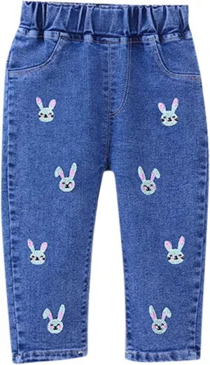 Little Girls Jeans Elastic Waist Heart Embroidered Stretchy Denim Pants Baggy Comfy Vintage Y2K Streetwear Jeans
