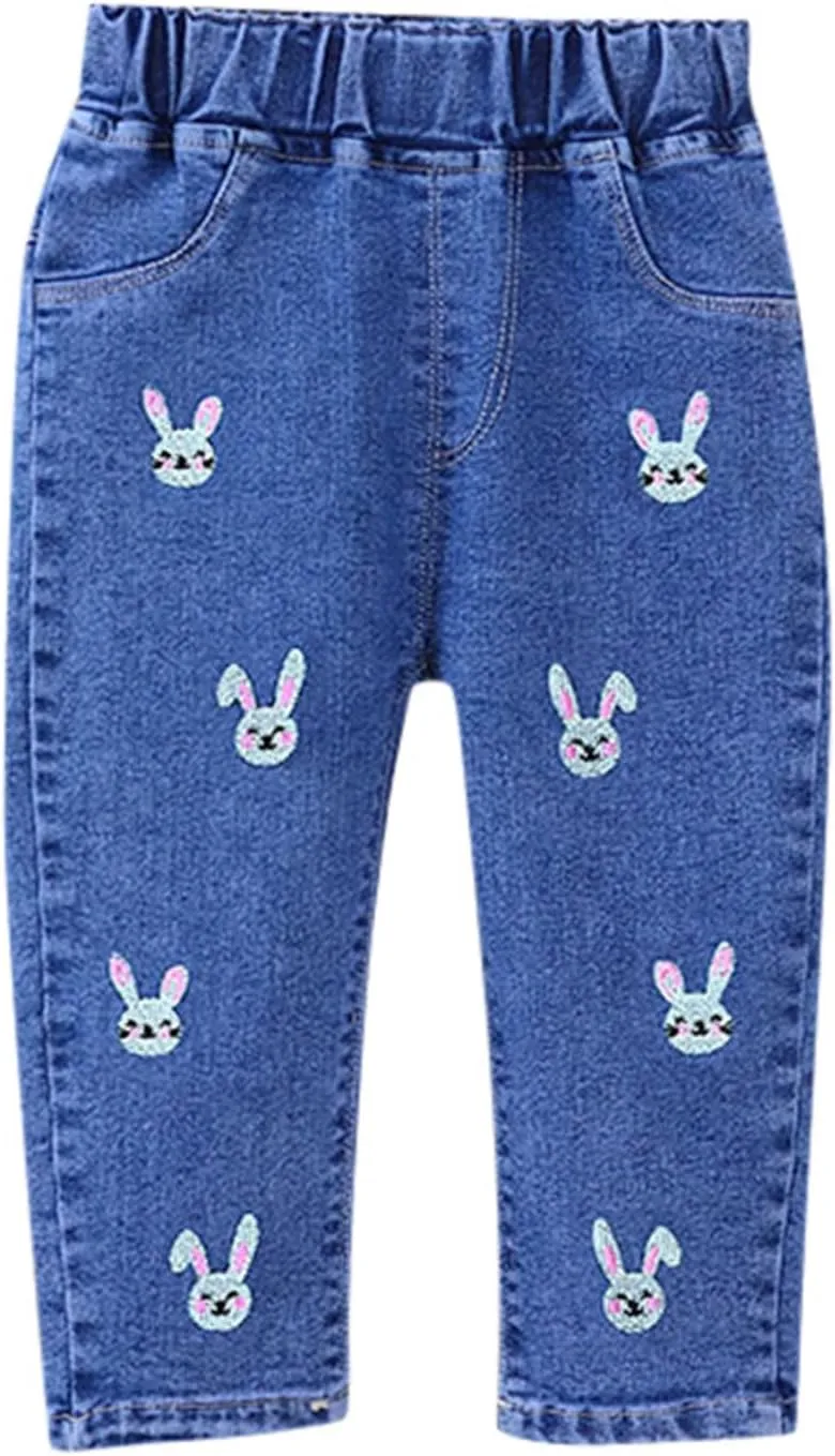 Little Girls Jeans Elastic Waist Heart Embroidered Stretchy Denim Pants Baggy Comfy Vintage Y2K Streetwear Jeans