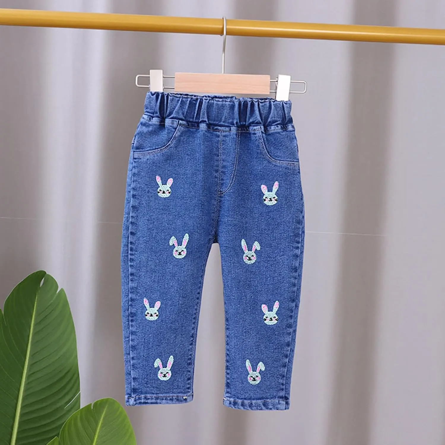 Little Girls Jeans Elastic Waist Heart Embroidered Stretchy Denim Pants Baggy Comfy Vintage Y2K Streetwear Jeans