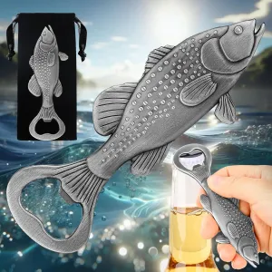 LKKCHER Bass Beer Bottle Opener, Fishing Gifts for Fisherman, Bass fish Decoration, Birthday Fathers Day Christmas Gifts for Men Women Dad Fisherman, Silver beer accessories with Bag