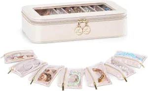 Lolalet 8 in 1 Travel Jewelry Case with Velvet Pouches, Clear Window Travel Jewelry Organizer Bags for Earrings, Bracelets, Necklaces and Rings, Compact Jewelry Storage for Women Girls -Beige, 7PCS