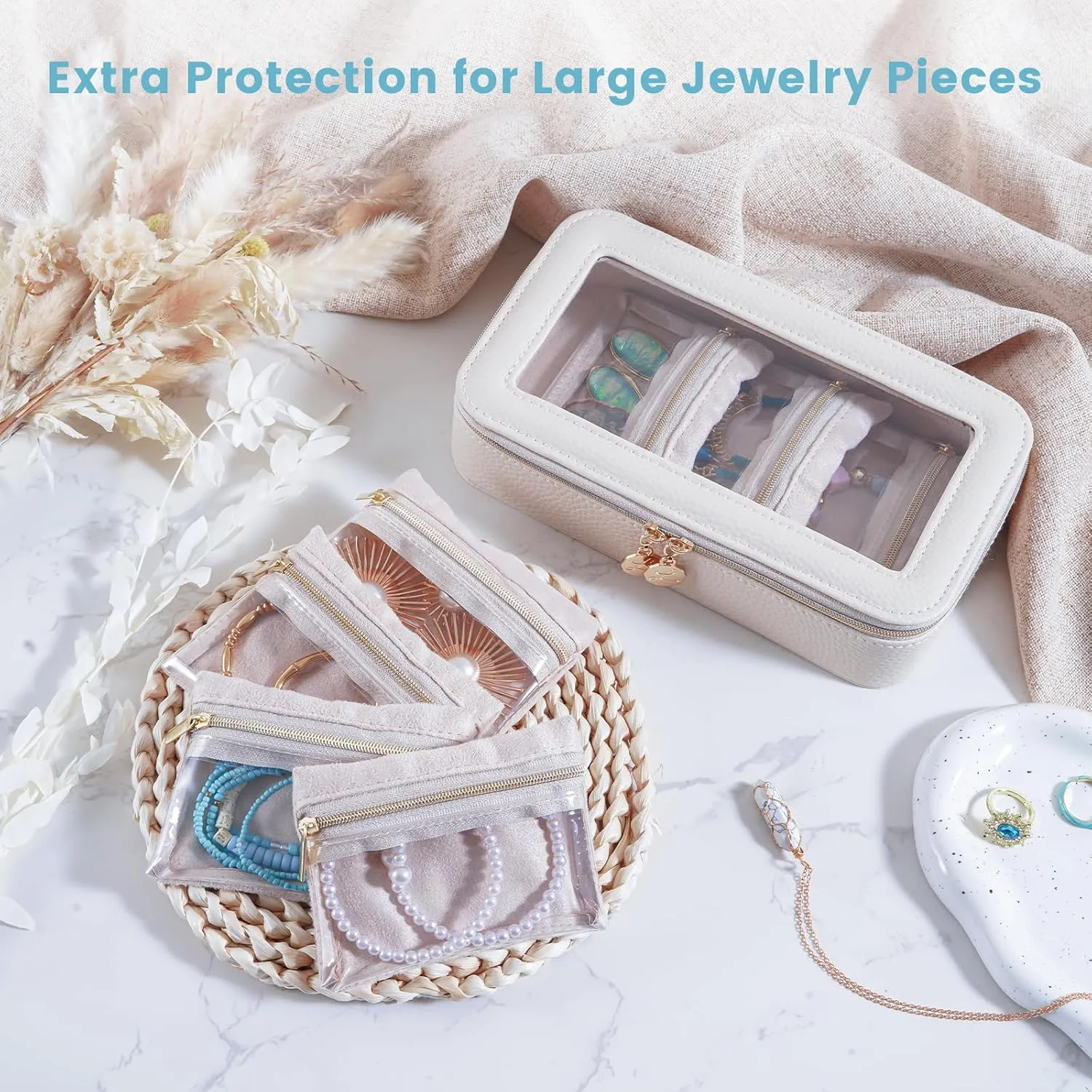 Lolalet 8 in 1 Travel Jewelry Case with Velvet Pouches, Clear Window Travel Jewelry Organizer Bags for Earrings, Bracelets, Necklaces and Rings, Compact Jewelry Storage for Women Girls -Beige, 7PCS