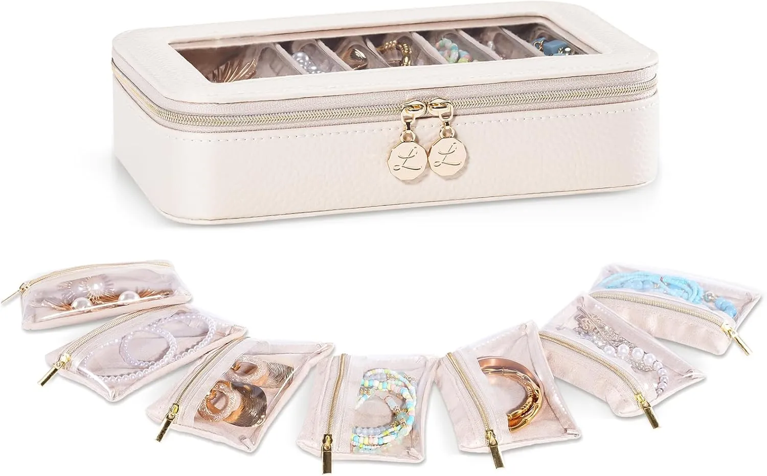 Lolalet 8 in 1 Travel Jewelry Case with Velvet Pouches, Clear Window Travel Jewelry Organizer Bags for Earrings, Bracelets, Necklaces and Rings, Compact Jewelry Storage for Women Girls -Beige, 7PCS