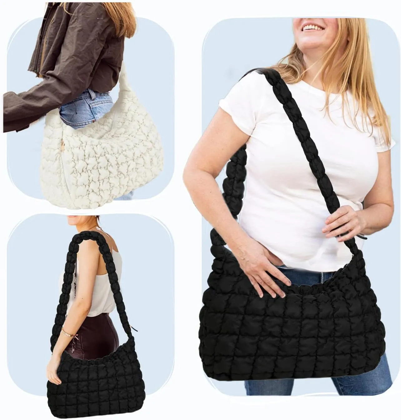 Long Shoulder Strap Puffer Bag, Adjustable Strap Crossbody Bubble Hobo Bags for Women