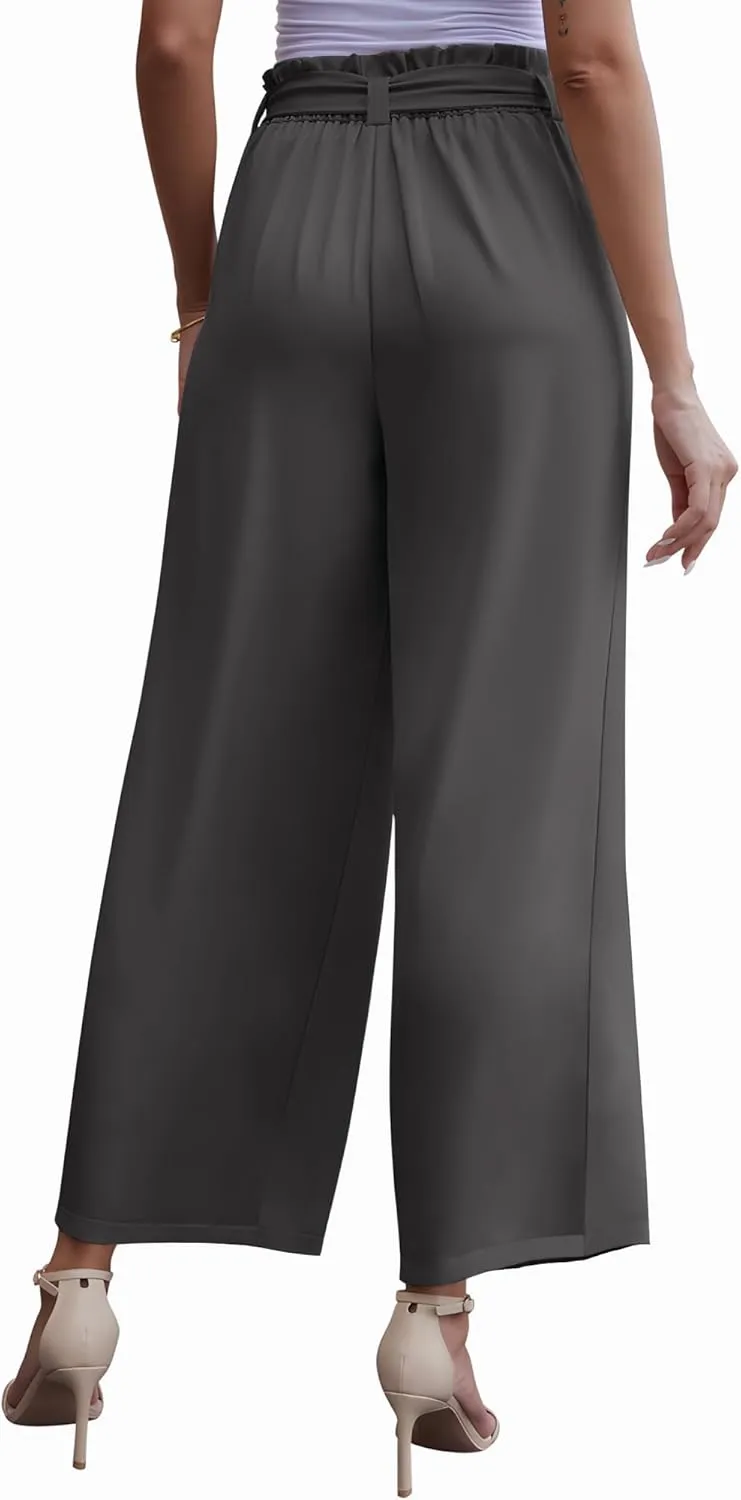 LOUSGUTA Wide Leg Dress Pants for Women Paperbag High Waisted Adjustable Tie Knot Business Casual Trousers with Pockets