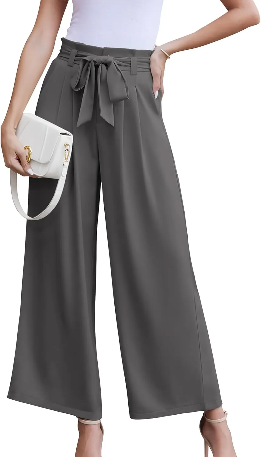 LOUSGUTA Wide Leg Dress Pants for Women Paperbag High Waisted Adjustable Tie Knot Business Casual Trousers with Pockets