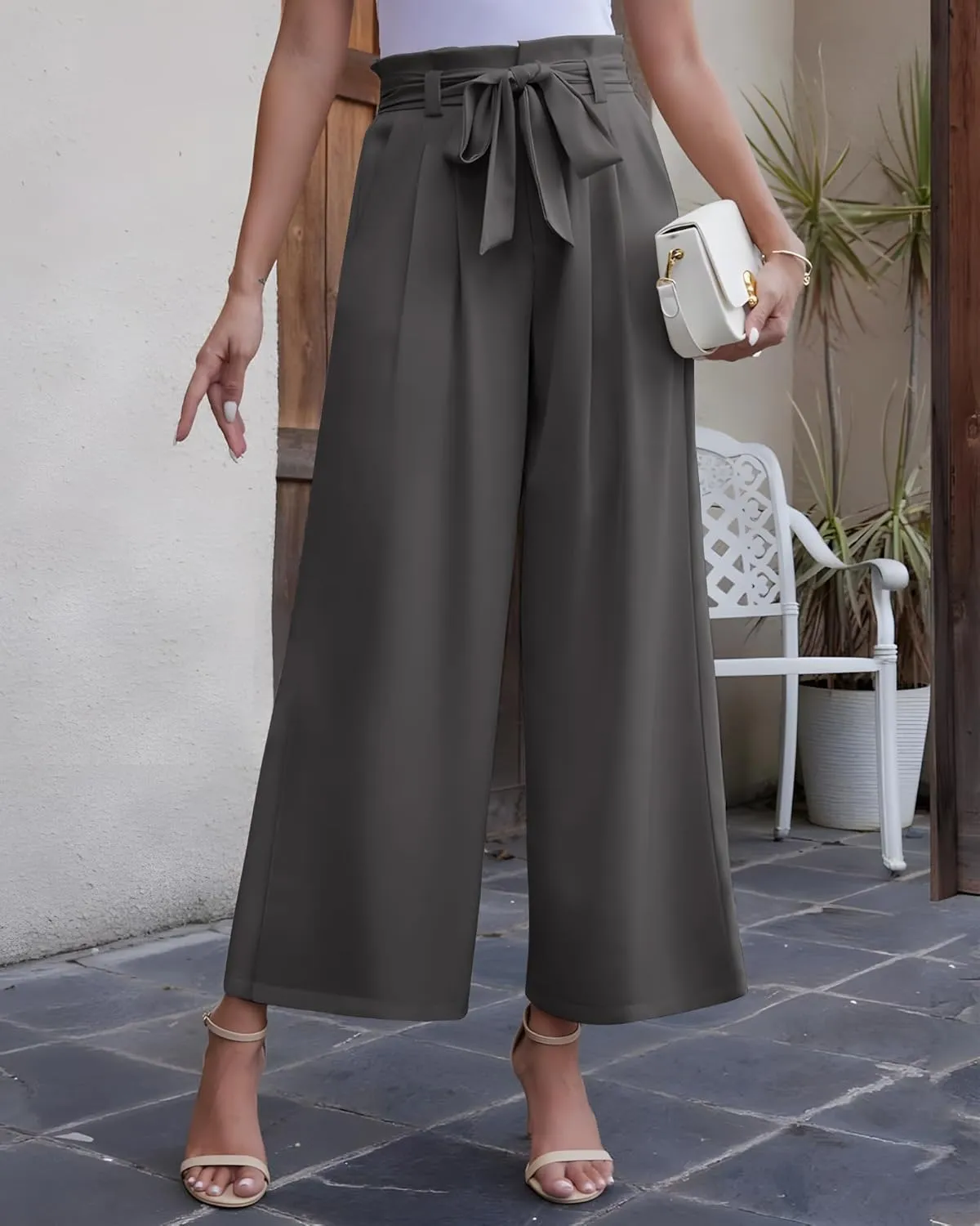 LOUSGUTA Wide Leg Dress Pants for Women Paperbag High Waisted Adjustable Tie Knot Business Casual Trousers with Pockets