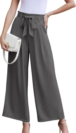 LOUSGUTA Wide Leg Dress Pants for Women Paperbag High Waisted Adjustable Tie Knot Business Casual Trousers with Pockets