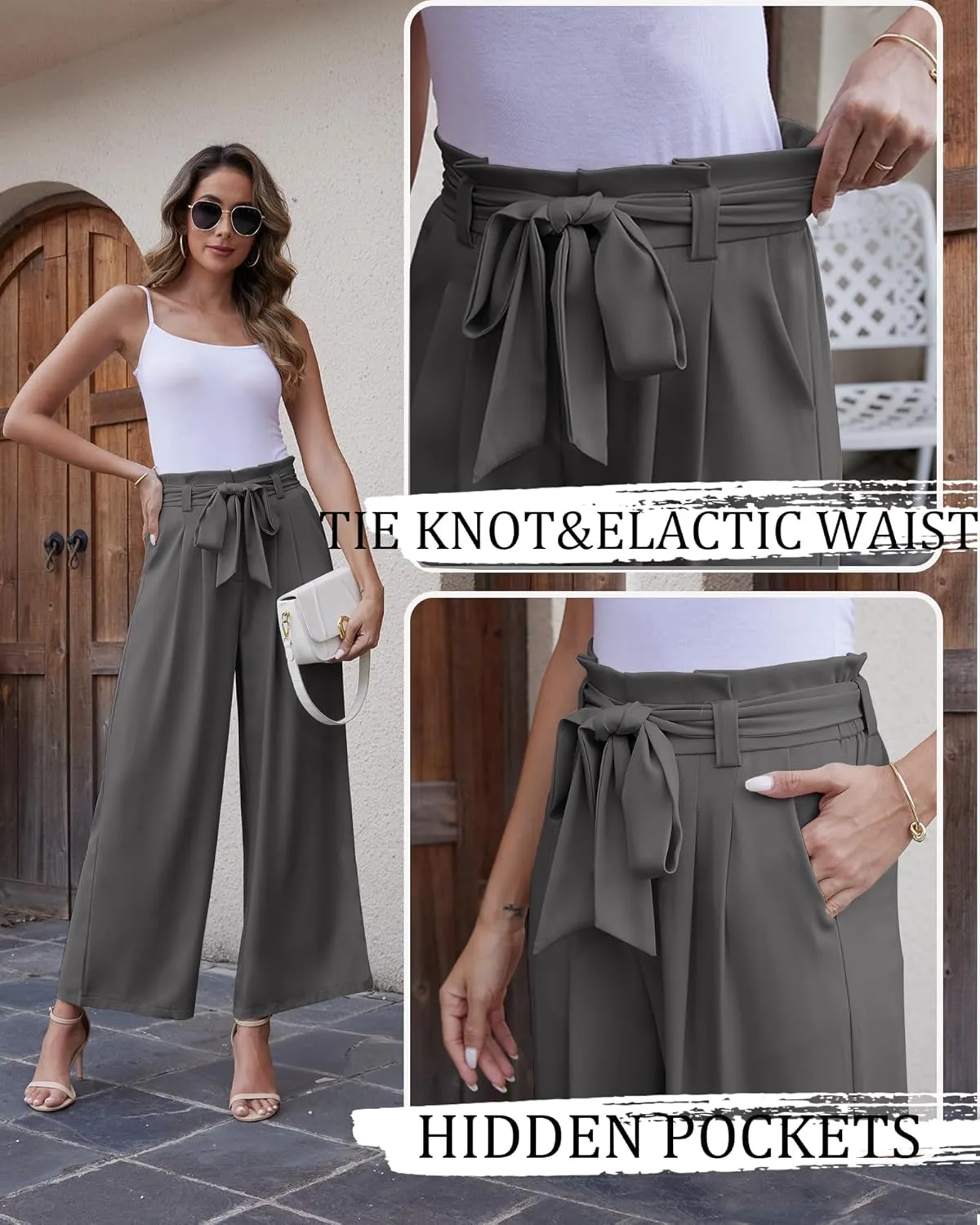 LOUSGUTA Wide Leg Dress Pants for Women Paperbag High Waisted Adjustable Tie Knot Business Casual Trousers with Pockets