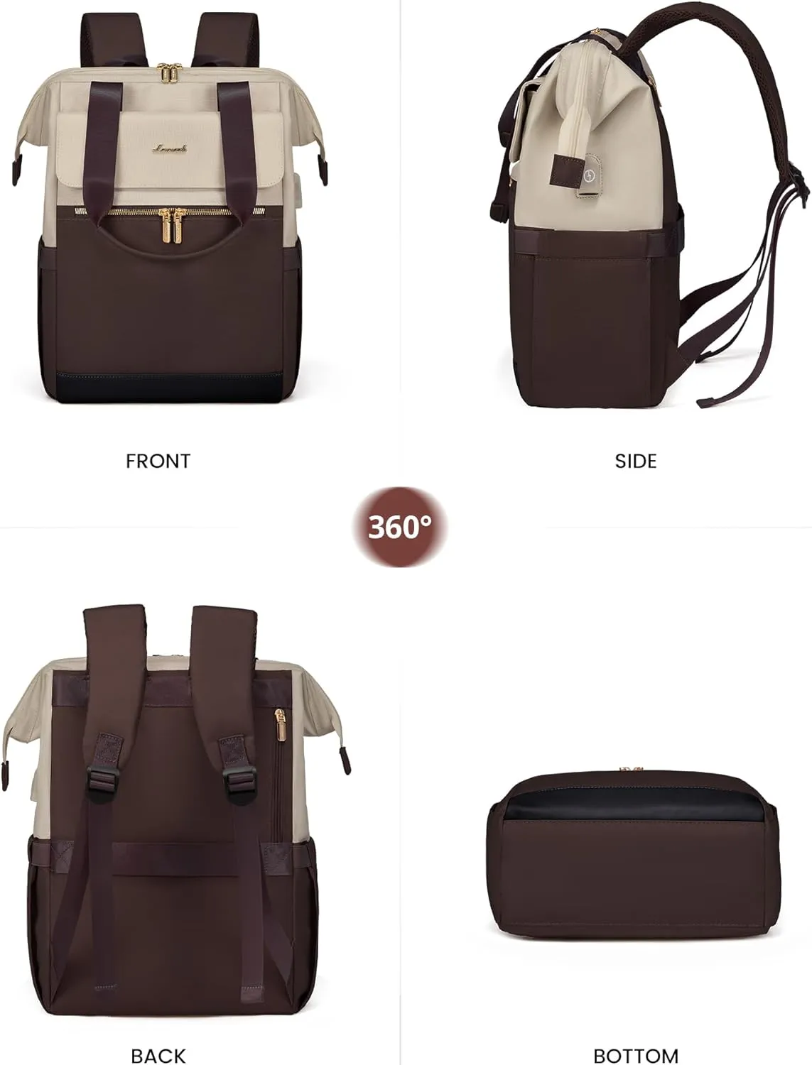 LOVEVOOK Laptop Backpack for Women, 15.6 Inch Work Laptop Bag with USB Port, Fashion Teacher Nurse Backpack Purse, Waterproof Travel Computer Backpack with Organizer Bag, 2PCS, Apricot-Coffee